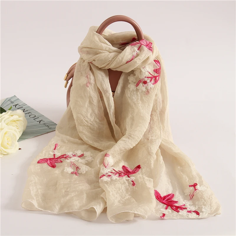 Embroidery Silk Scarves for Women New Fashion Floral Print Shawls and Wraps Thin Long Pashmina Lady Neck Scarf Hijab Femme