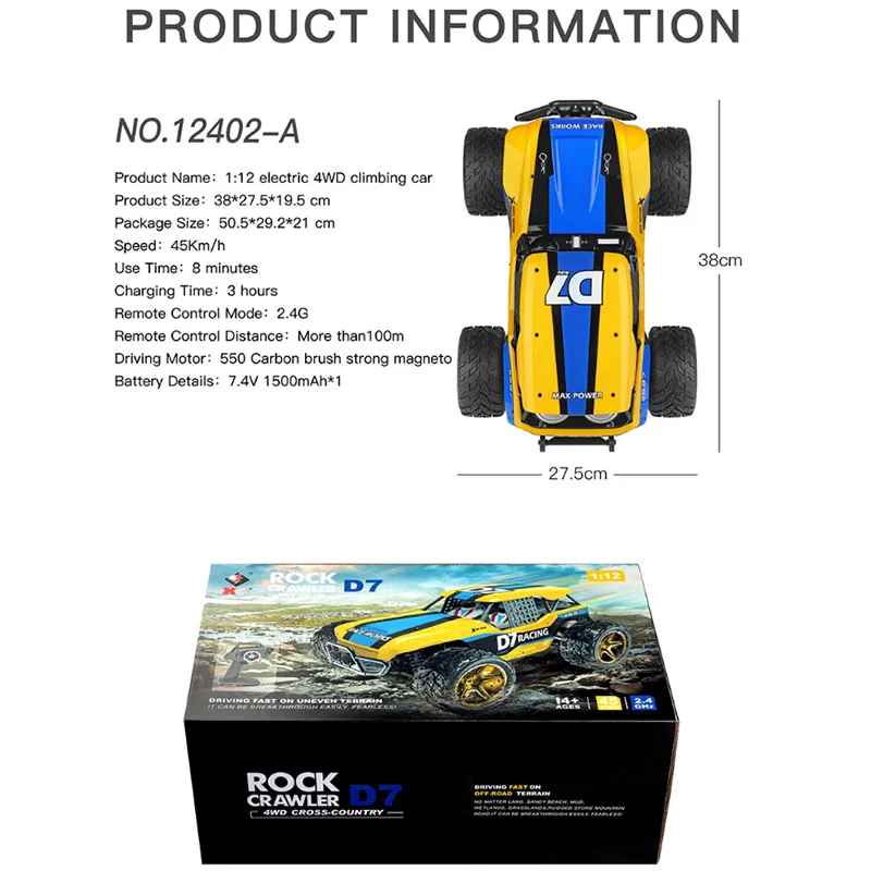 12402-A RC Climbing Car Toys 1/12 Scale 2.4G 4WD Remote Control Car 45KM/H High Speed RC Car Off-Road Vehicle Christmas Gifts Ch