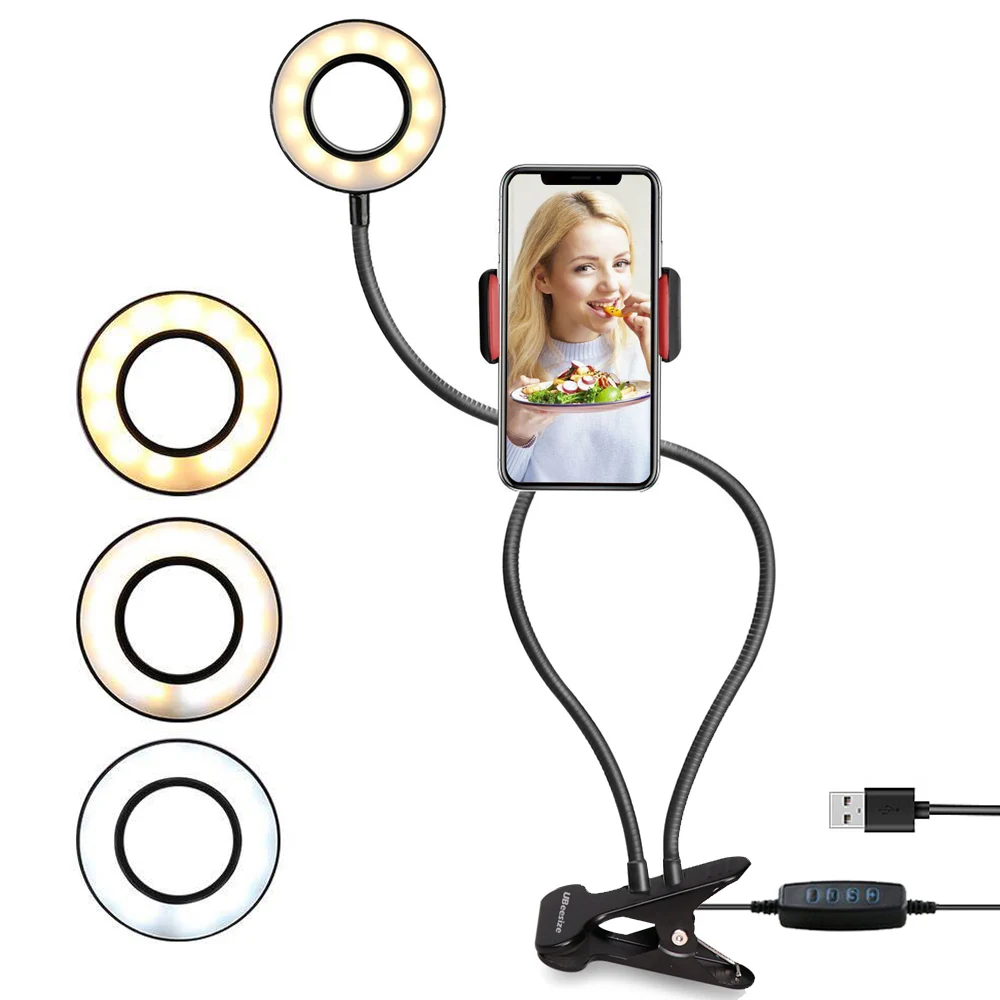 

2-in-1LED Ring Cell Phone Holder With LED Selfie Ring Light For Live Stream Phone Clip Holder Adjustable Desk Lamp Makeup Light