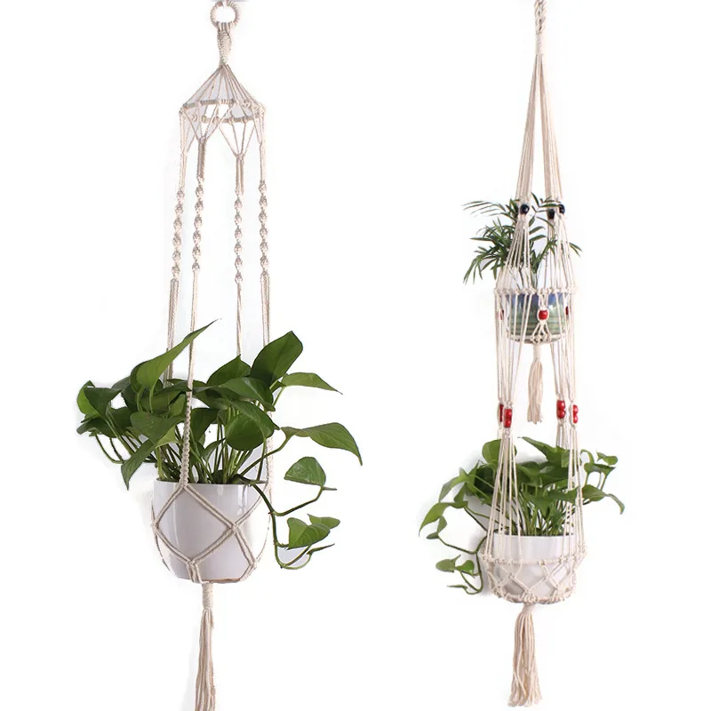 Horticulture Flowerpot String Bag Hand-woven Natural Thin Cotton Rope String Bag Basket Meat Plant Lanyard Wooden Stick Tapestry