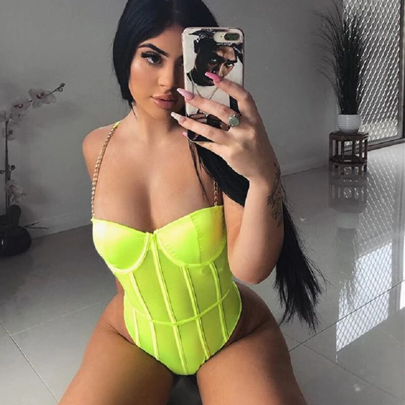 leather bodysuit Fluorescence Green Romper Mesh Transparent Teddy Bodysuit Metal Chain Straps Backless Push Up Chest Sexy Bodycon Jumpsuit Party black lace bodysuit