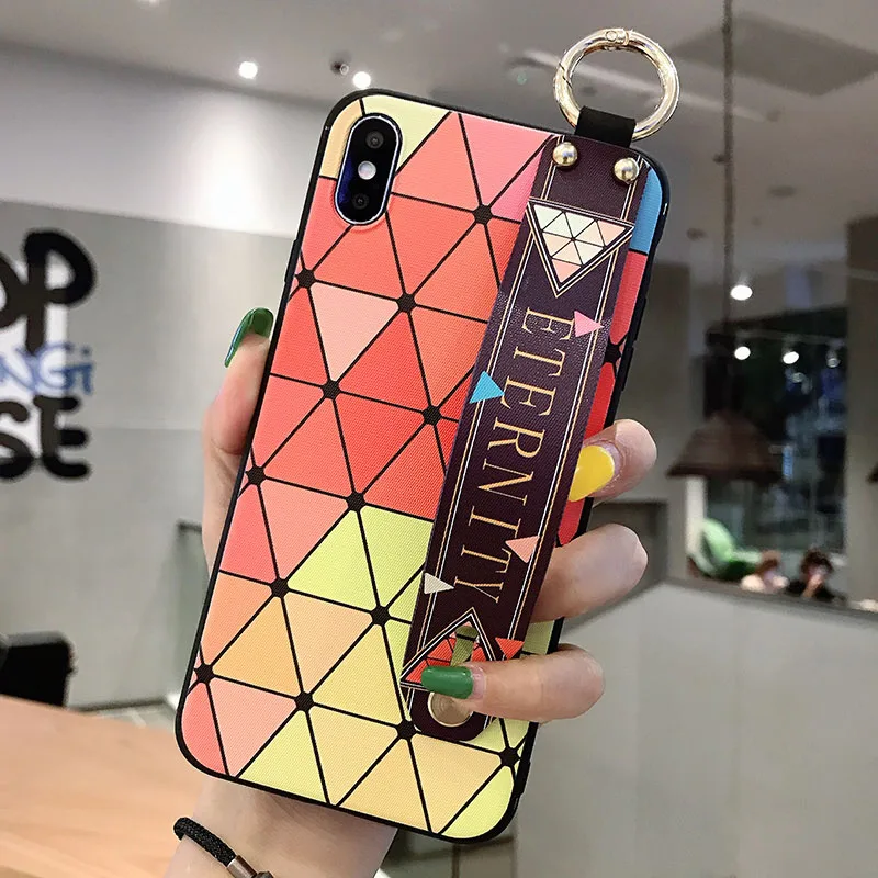 

Phone Holder Case For Samsung Galaxy Note 10 Plus 9 8 S10e S8 S9 S10 Plus Geometric Wrist Strap Soft TPU Cover KickStand Coque