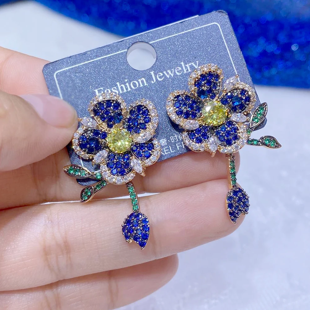 

ASNORA High Quality Micro Inlaid CZ Ladies Luxury Green Leaf And Blue Flower Drop Earrings Dress Dinner Accessories E00015