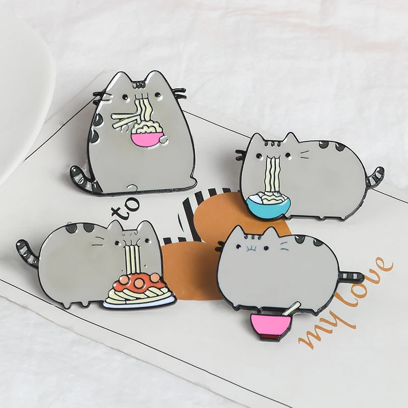 

Fat Cat Eating Noodles Lapel Pins Lovely Greedy Cat Brooches Badges Backpack Cute Accessories Pins Jewelry Gifts For Friends