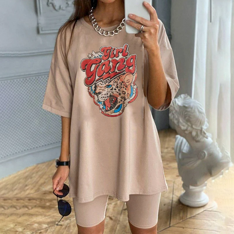 

The Leopard Girl Gang Graphic Tee Casual Funny Hipster Khaki Cool Grunge Street Style Feminist Women T-Shirt Short Sleeves