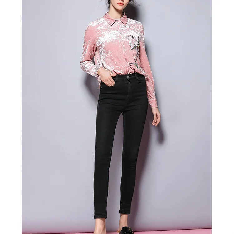 Autumn Women Floral Printed Velour Shirt Office Lady Turn-Down Collar Long Sleeve Blouse Office Embroidery Shirts