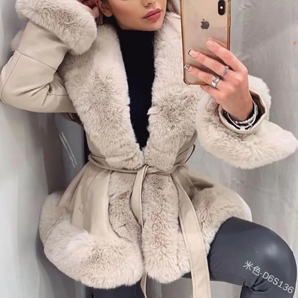 Fashion Women Middle Length Warm Coat Faux Fur Coat PU leather