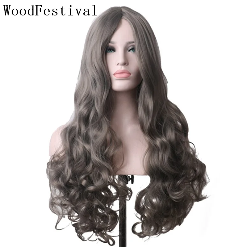 

WoodFestival Grey Synthetic Hair Wig Woman Ombre Pink Purple Brown Blonde Long Wavy Colored Womens Wigs For Women Heat Resistant