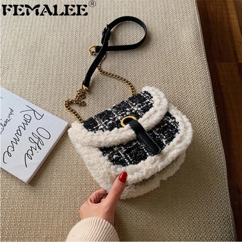 

Tweed Chains Small Handbag Women Wool Fur Border Winter Shoulder Bag Ladies Fashion Saddle Messenger Bag Designer Crossbody Bags