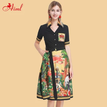 

Designer Summer Spring New Design Women's Fashion Short Sleeve Pockets Crystal Beaded Diamonds Print Belt Black Casual Dress