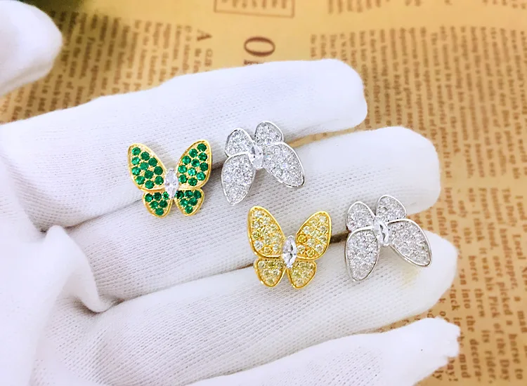

100% 925 sterling silver butterfly ring yellow green white cz zircon ring butterfly open size ring famous brand jewelry