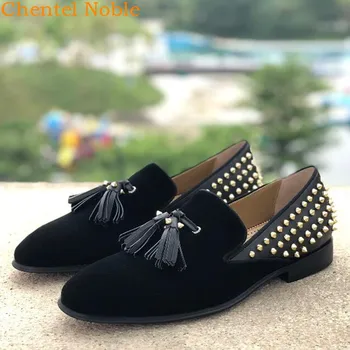 

Chentel Noble Leather And Flock Manual Gold Rivet Footwear Vulcanized Shoes Men Casual Party Flats Bottom Black Color Shoes Men