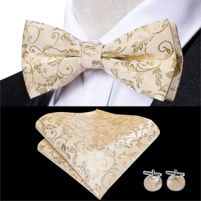Hi-Tie Classic Black Bow Ties for Men 100% Silk Butterfly Pre-Tied Bow Tie Pocket Square Cufflinks Suit Set Floral Gold Bowties LH-557