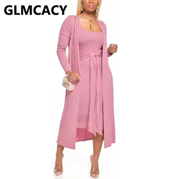 

Women Tie Waist Tank Dress and Open Stitch Cardigans Set Two Piece Autumn Winter Outfits Classy Suits