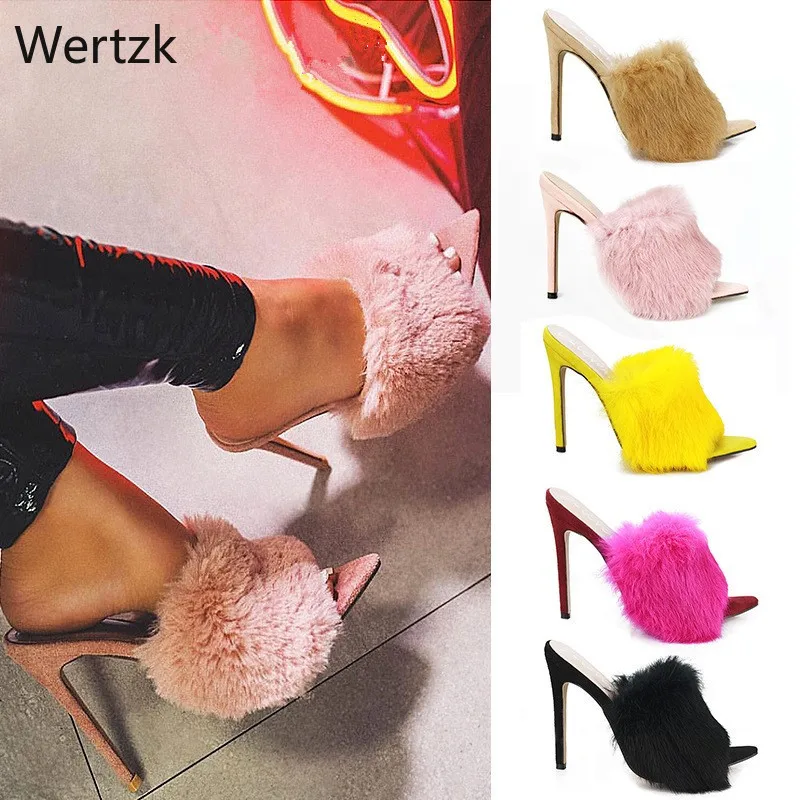 

2019 Summer Fashion Women High Heels Yellow Pink Mules Heels Slides Female Felt Fur Heels Strange Stiletto Shoes A961