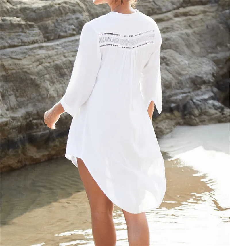 Пляжное платье-рубашка с принтом русалки спереди, с коротким сзади, белое хлопковое платье-туника, женская летняя пляжная одежда, купальный костюм, накидка N324