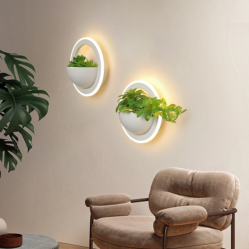 New LED Wall Lamp Round Acrylic Led Wall Lights Simulated Green Plants AC110~220V 10W For Hallway Porch Balcony Led Wall Sconce