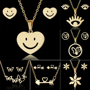 RINHOO Flower Gold Color Stainless Steel Sets For Women Smile Face Butterfly Fish Bone Necklace Earring Set Wedding Jewelry
