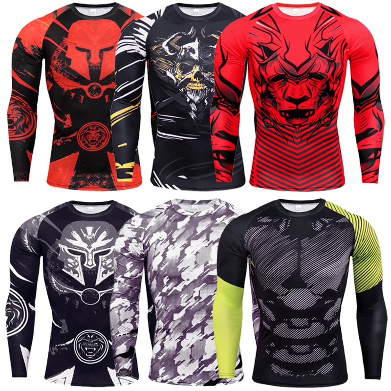 2020 new men's running shirt Rashgard long-sleeved fitness 3D printing pattern sportswear compression dry for men | Спорт и