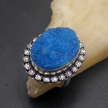 

Origin Design Oval Shape Vintage Blue Druzy 925 Sterling Silver Color Unique New Charms Band Ring Size 11 H348