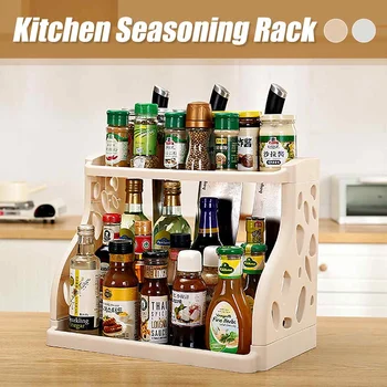 

2 Tiers Kitchen Storage Rack Seasoning Storage Rack Spice Jars Bottle Shelf Knife Holder for Kitchen Bathroom Desktop Organizer