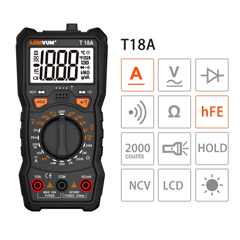 LOMVUM мультиметр True RMS 6000 отсчетов Высокоточный цифровой мультиметр NCV умный мультиметр Авто Диапазон AC/фонарик постоянного тока - Цвет: T18A