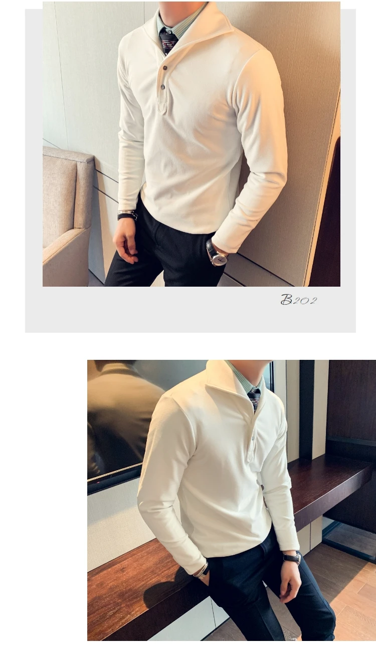 Осень Зима футболка мужская мода длинный рукав Толстые мужские футболки Slim Fit пуловер отложной воротник теплая бархатная безрукавка рубашки