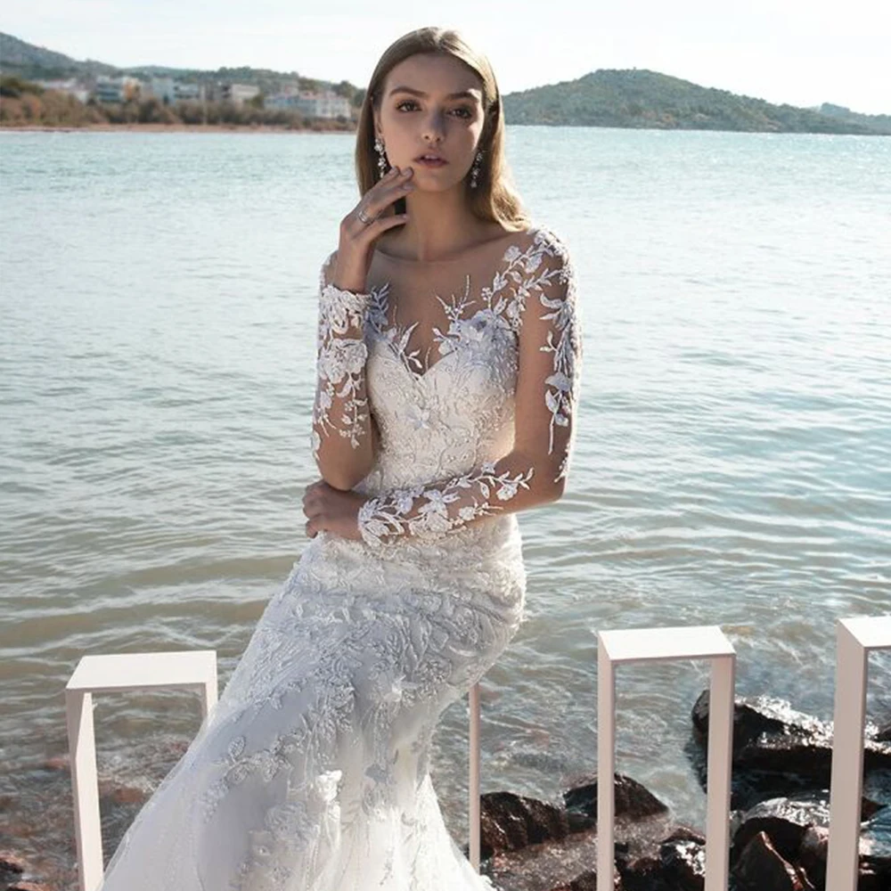 Trouwjurk, свадебное платье с длинным рукавом,, иллюзия, сзади, винтажное, Vestido de Novia, цвета слоновой кости, тюль, роскошное, Abiti da Sposa, свадебное платье