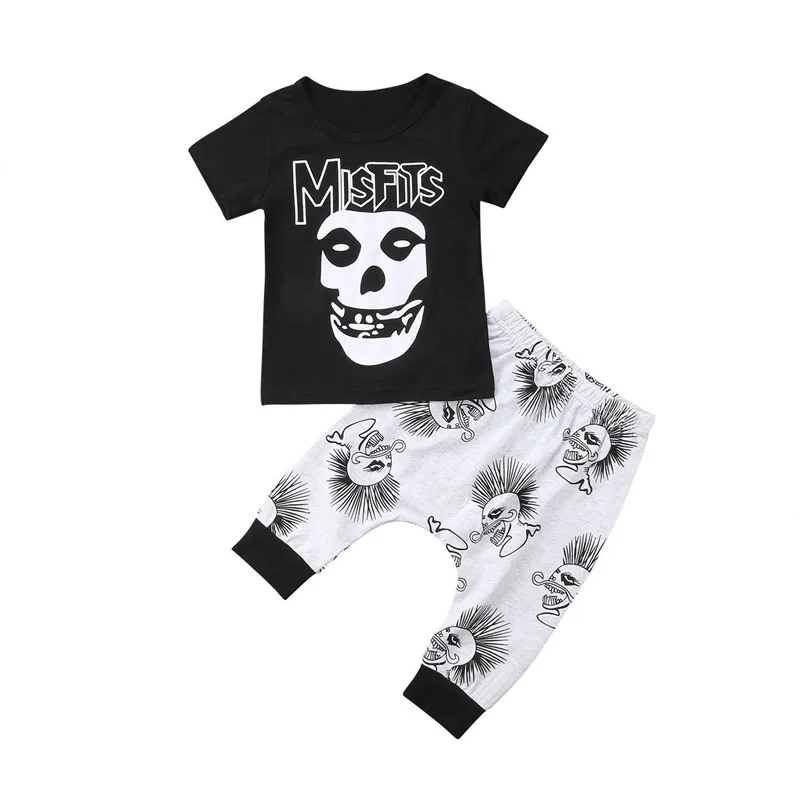 

0-3 Years Toddler Baby Boys Kids Summer Clothes Short Sleeve Skull T-shirt Top+Harem Pants Halloween Outfits Set
