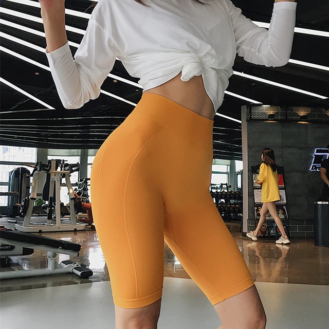 Pantalones cortos de Yoga sin costuras de cintura alta para mujer pantalones cortos de gimnasia de