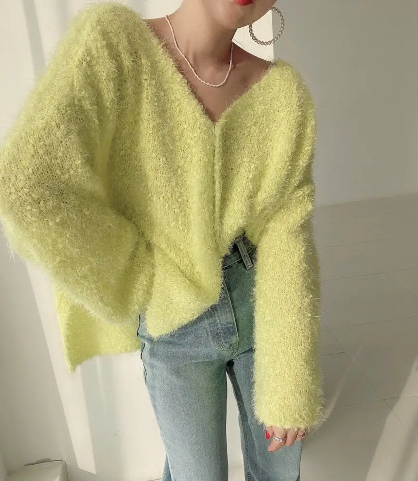 

Yellow Fur Chic Mohair Sweater Casual Women V-neck Fashion Simple Loose Casual Knitted Cardigan Outer Coat Spring Fall Top Cloth