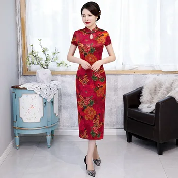 

Female Print Flower Oversize 3XL Long Qipao Chinese Style Evening Party Dress Elegant Silk Red Cheongsam 2020 New Slim Vestidos