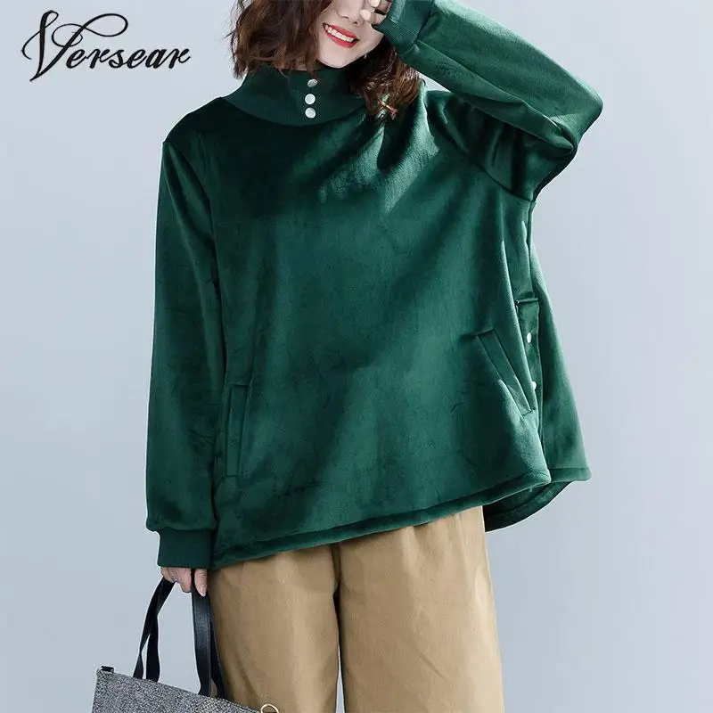 

Versear 2019 Winter Women Plus Size Hoodies Sweatshirts Velvet Warm Female Lady Turtleneck Green Pullovers Loose Oversized Tops