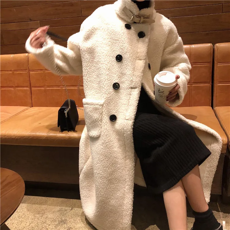 5733 г., для фотосессии, чистая цена, корейский стиль, воротник-стойка, овечья шерсть, толстое теплое двубортное пальто средней длины, плюшевое пальто