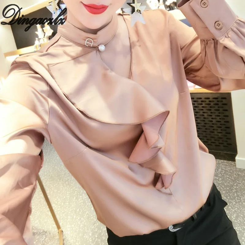 

Dingaozlz New Ruffles Women Tops Poplin Chiffon shirt Korean fashion clothing Long Sleeve Office Lady Blouse Black/Blue/Khaki