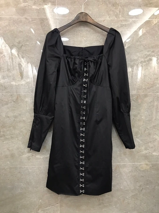 И зима осень Новое Женское платье с квадратным воротником и пряжкой, однотонное платье с длинным рукавом 1017