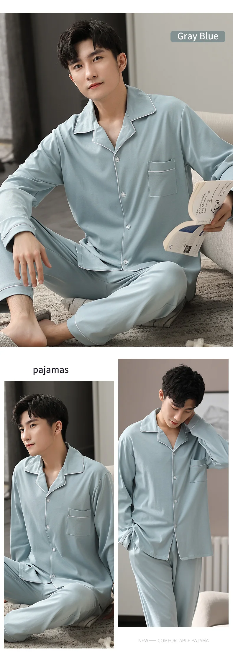 Autumn Winter 100% Cotton Pijama for Men Dormir Lounge Sleepwear Pyjamas Blue Bedgown Home Clothes Man Bedroom PJ Cotton Pajamas mens pj short set