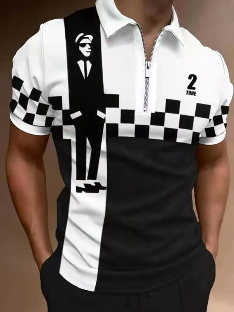 Shirt Fashion Striped Patchwork Short Sleeve Tops For Men Casual Turn-down Collar Zip-up Polo Shirts 2021 Summer Men's Slim Polo