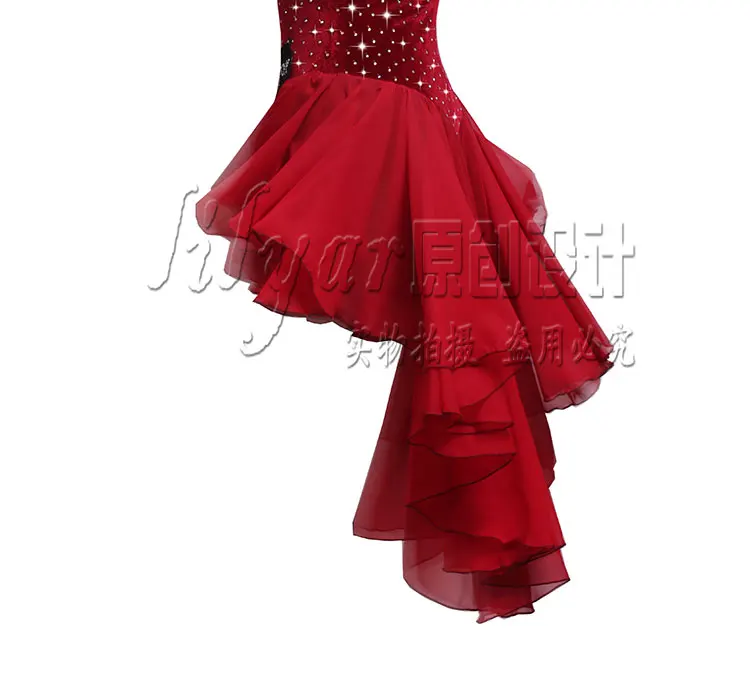 Sparkly Rhinestone Latin Competition Dance Dress Performance Costume Latin Dance Skirt Female Wine Red Chiffon Pleated Skirt