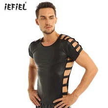 IEFiEL мужской сексуальный мягкий кожзаменитель, облегающая футболка с короткими рукавами, круглым вырезом, с вырезами, эластичная толстовка с принтом Футболки с мускулами, топы