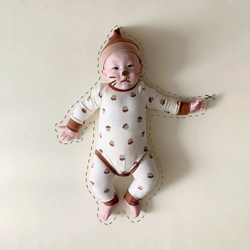 Newborn Baby Boy Sleepwear Pajamas Set Romper Pants Hat 3Pcs Clothes Toddler Nightwear Outfits Girls | Детская одежда и обувь