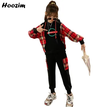 

Spring Athleisure Suit For Girls 4-12 Age Colorblock Plaid Hoodies Sweatshirt+ Sport Pants Set Children Nice Girls Clothing Set