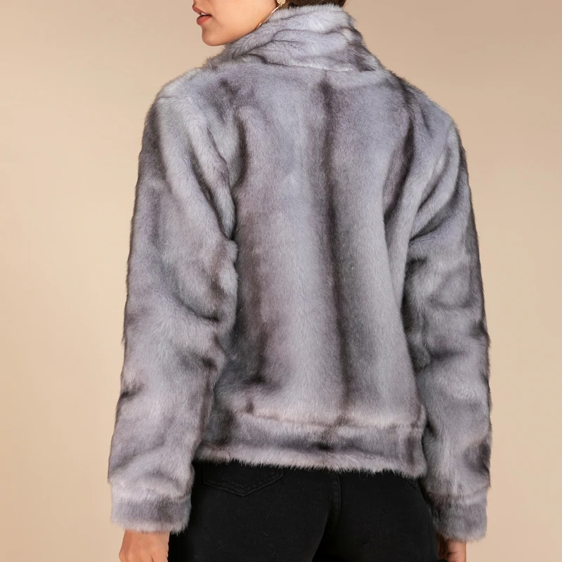 Luxury Women Short Style Faux Fur Coat Winter Thicken Warm Stripe Design Stand Collar Shaggy Fur Jacket Ladies Clothing Gray 3XL
