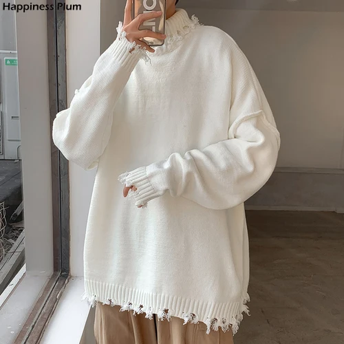 

Pullovers Men Ripped Hole Irregular Knitting Warm Baggy Mock Neck Sweater Fashion Couple Korean Style All-match Streetwear New