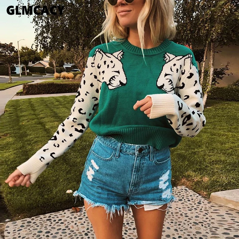 Baratos Jerseys de punto de Animal para mujer suéter Casual de manga larga de cuello redondo jerseys de punto básicos de otoño para mujer