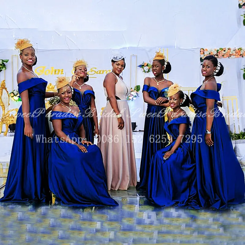 

Pleat A Line Long Bridesmaid Dresses Off Shoulder African Women Floor Length Wedding Party Dress Formal