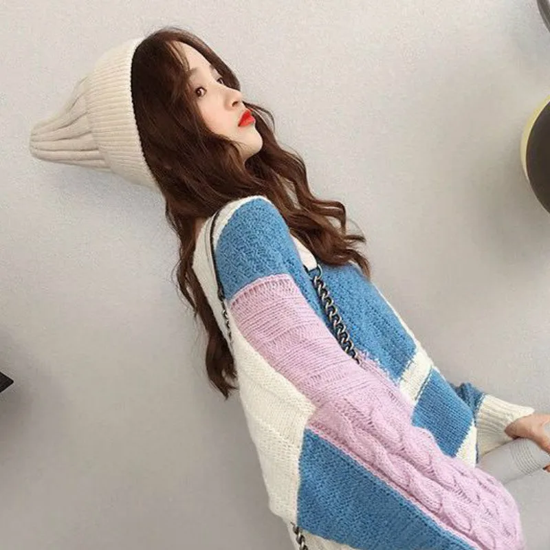 Neploe Loose Crazy Style Contrast Color Patch Pull Femme Hiver V Neck Long Sleeve Pullover Knit Bottom Jersey Winter sweater