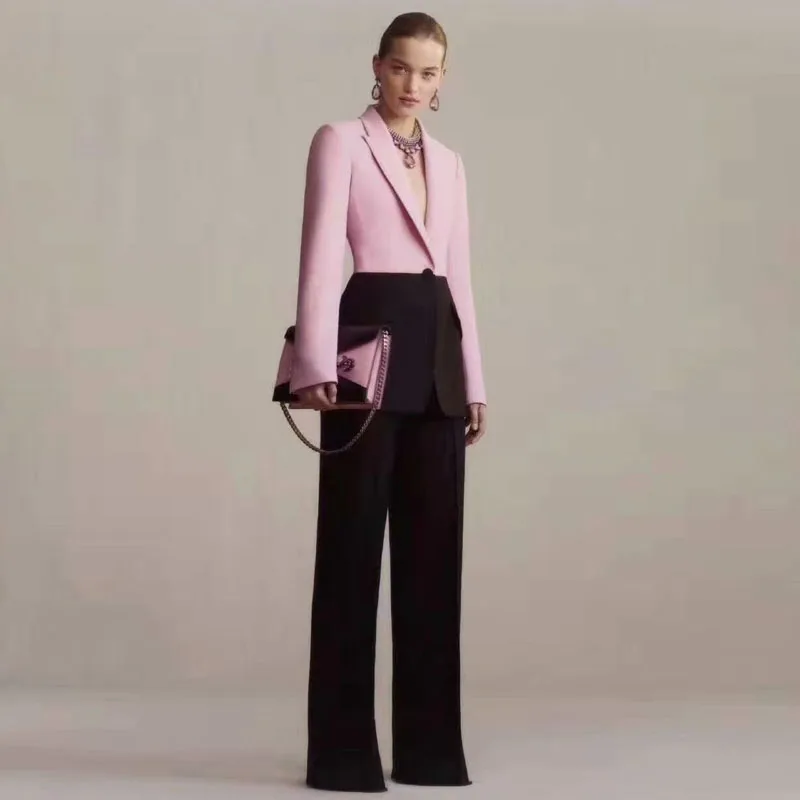 

XF Fall Runway FéRias Two-Pieces Terno Define As Mulheres Pink Stitching Black Small Suit + Trousers Career Office Casual Set
