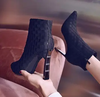 

Net red thin shoes fashion small with ankle boots female 2019 pointed high heels bare boots temperament wild word with a drill