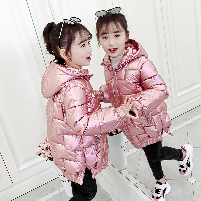 Зимняя куртка для девочек, детское пуховое хлопковое пальто, водонепроницаемый Зимний комбинезон, розовая, Золотая, серебряная куртка, парка с капюшоном, пуховые пальто для девочек